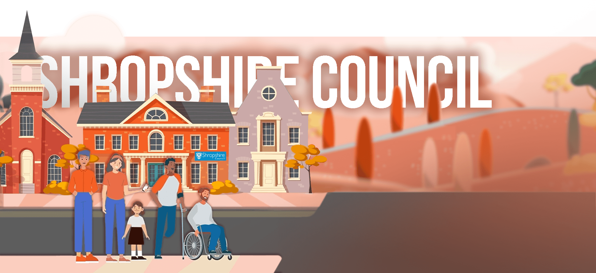Illustration of a town scene with diverse characters, including a person in a wheelchair, standing in front of various buildings. The text "Shropshire Council" is prominently displayed above the scene. Trees with autumn colors are in the background, adding a vibrant touch reminiscent of videos by Explainify.