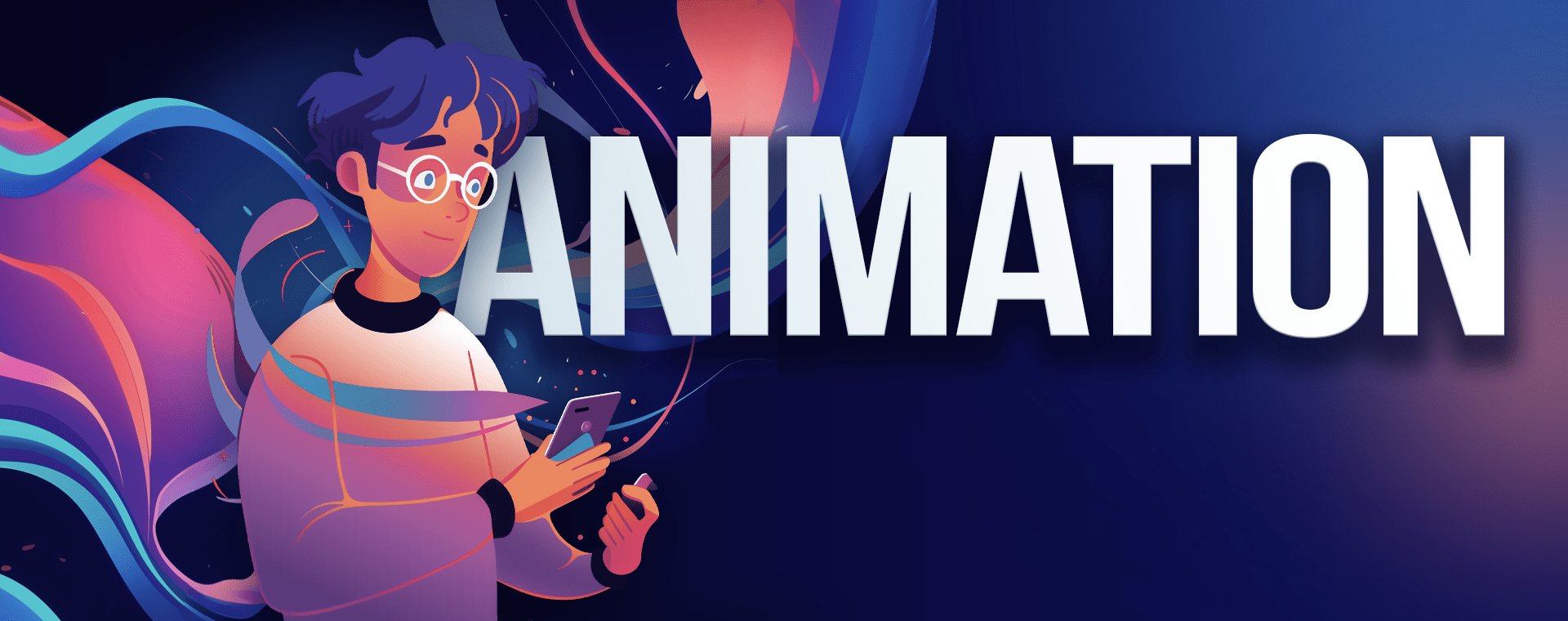 A vibrant digital illustration of a person with glasses looking at a smartphone, surrounded by colorful, flowing ribbons of light. The large word "ANIMATION" prominently appears on the right side of the image against a dark blue background, capturing the essence of an animated video service.