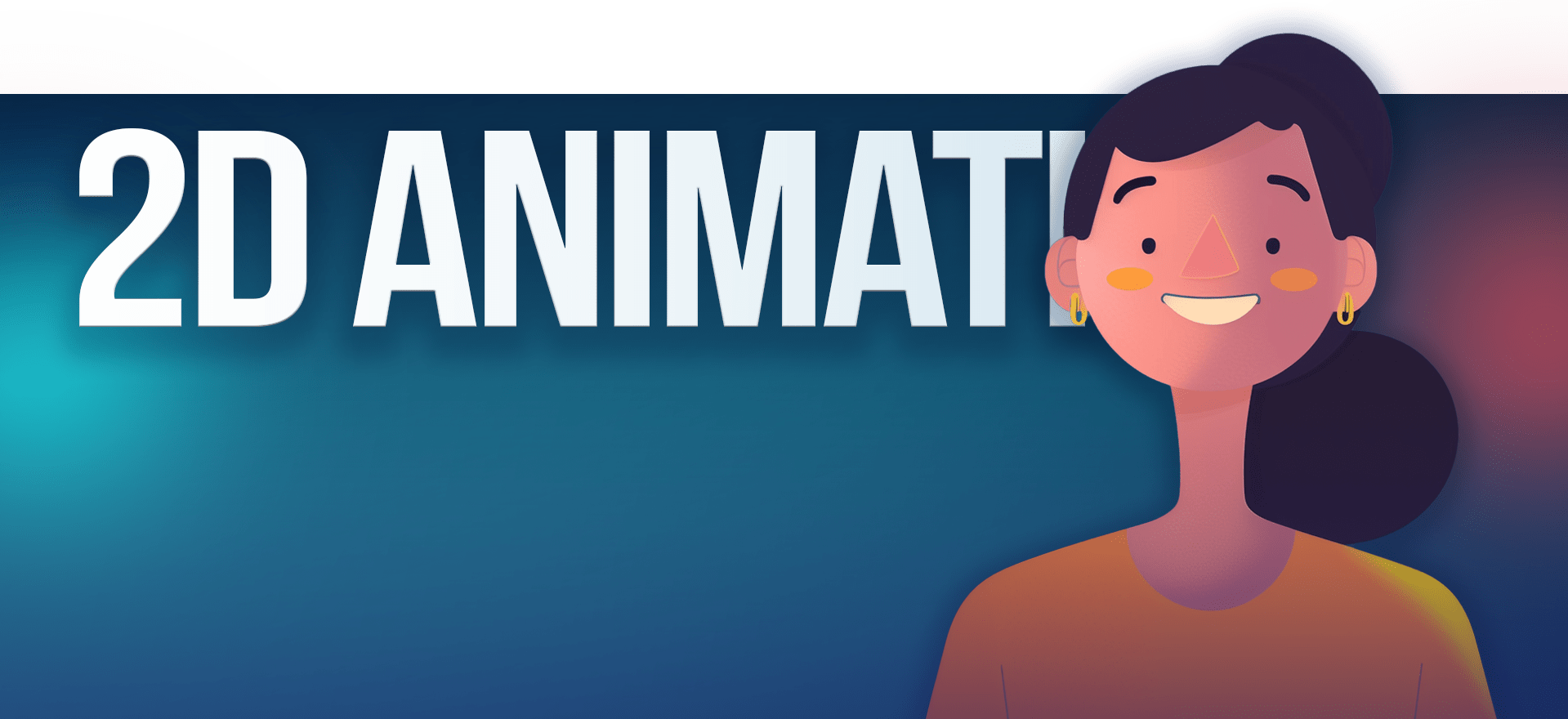 Illustration of a smiling woman with dark hair pulled back, wearing earrings and an orange shirt, in front of a blue background with the text "2D ANIMATION" in large white letters. The animated video background features gradient colors transitioning from green to red at the top.