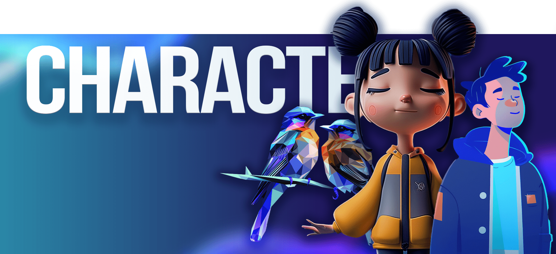 Illustration of two 3D animated characters, a girl with space buns wearing a yellow and black hoodie, and a boy with blue hair in a blue jacket. They stand against a blueish-purple gradient background with two colorful birds, showcasing vibrant animated styles, and the text "CHARACTER" in large font.