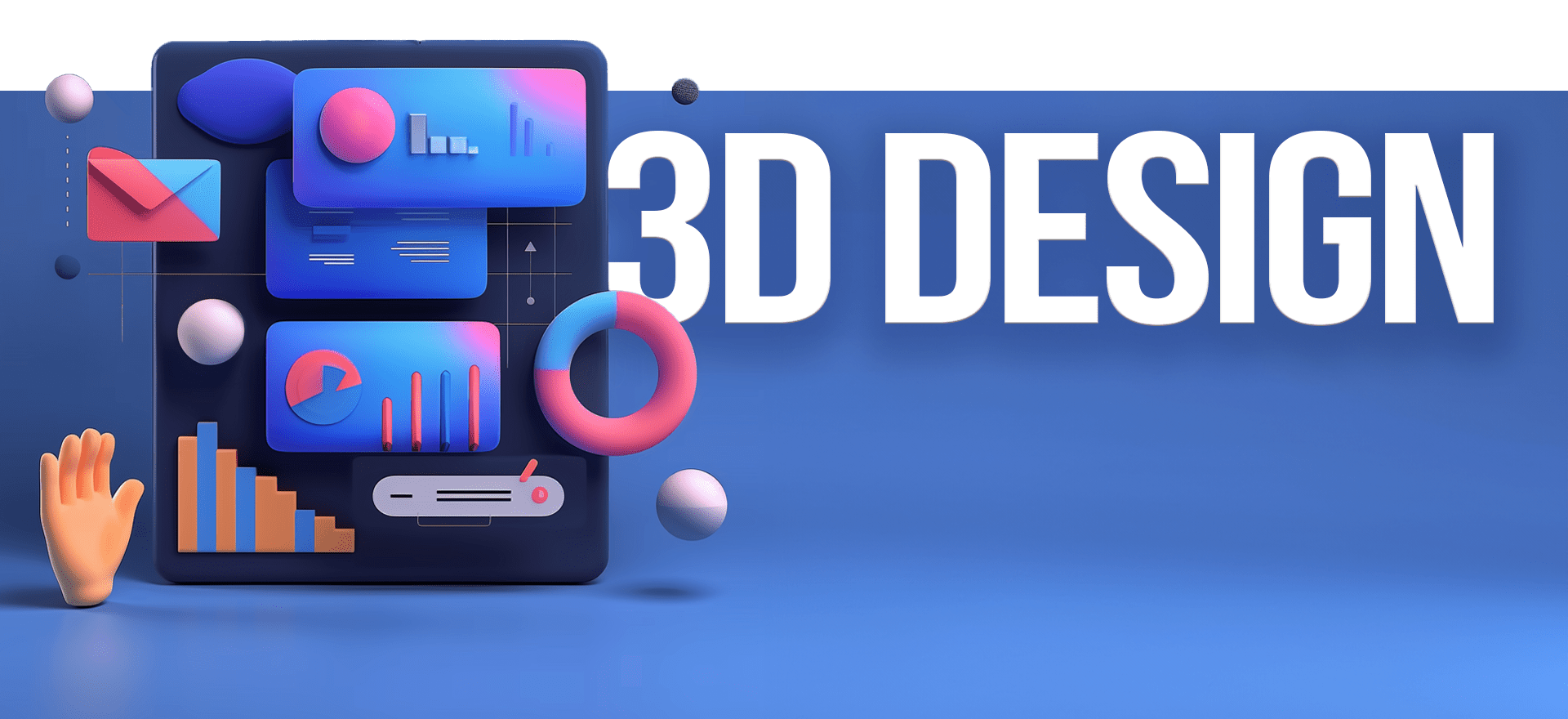 A 3D design-themed image featuring various colorful 3D shapes, graphs, and icons on a blue background. The text "3D DESIGN" is prominently displayed on the right side in bold white letters. A 3D-rendered hand is visible on the left, evoking animated video styles with its dynamic presentation.