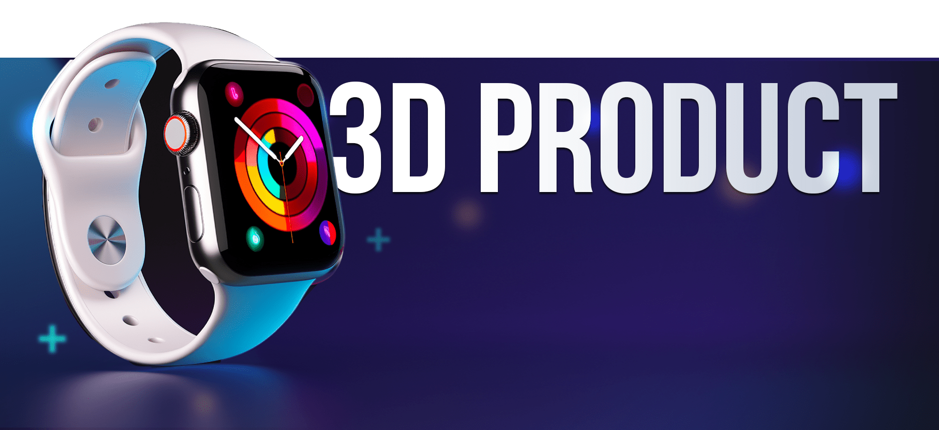 A high-tech smartwatch with a white band and colorful interface is depicted against a dark gradient background. Large white text reads "3D PRODUCT," suggesting the watch is portrayed in three-dimensional design, reminiscent of animated video styles.