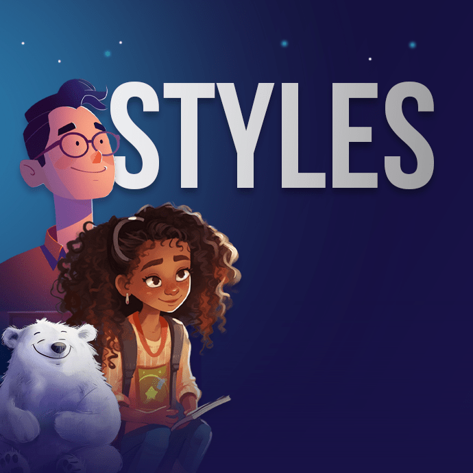 An illustration features two animated characters under the words "VIDEO STYLES." A man wearing glasses looks upward thoughtfully. A young girl with curly hair sits cross-legged, holding an open book. A white, bear-like creature sits next to her, smiling contentedly.