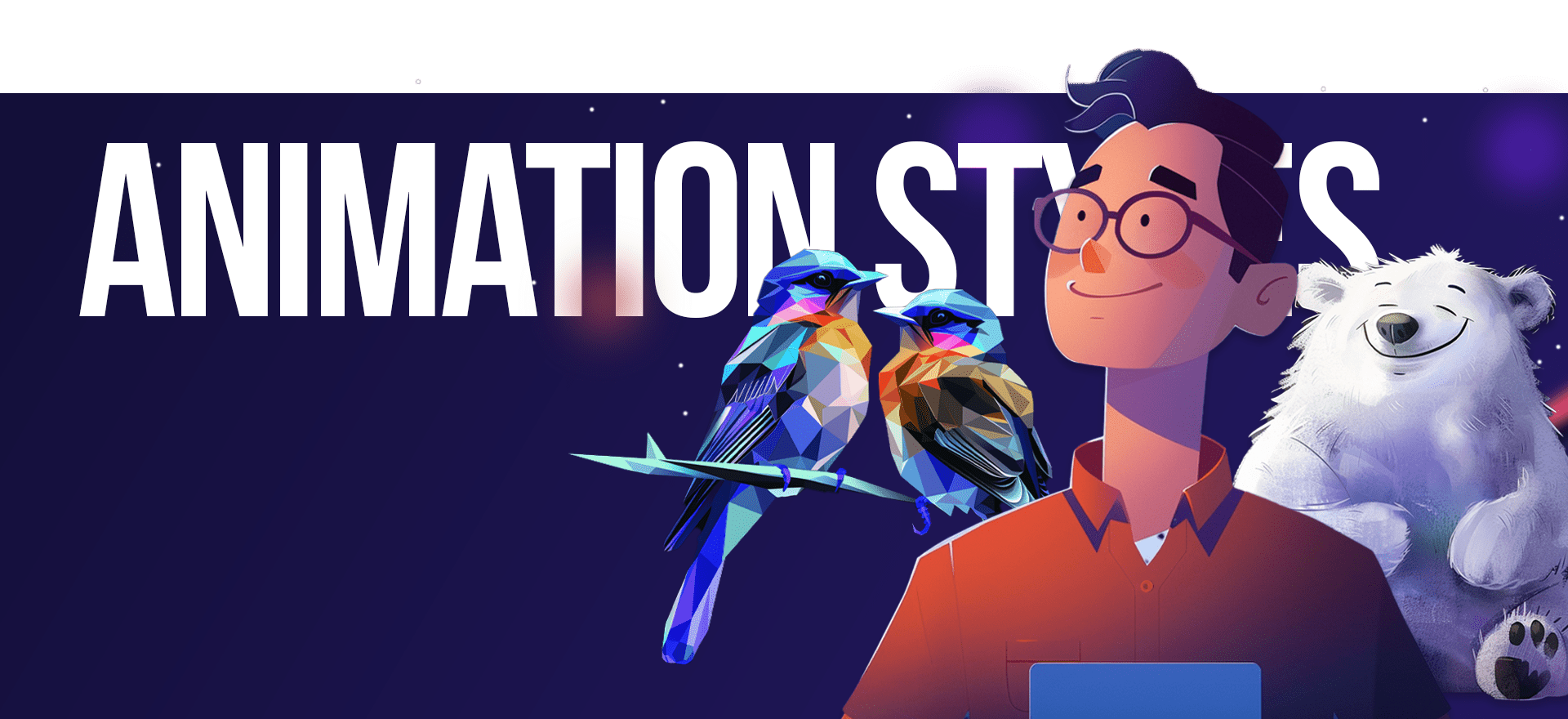A stylized image showcases a person with glasses and a notebook, accompanied by two geometric bluebirds and a polar bear against a dark blue background. The text "ANIMATION STUDIO'S" is prominently displayed across the top, evoking the charm of hand drawn animation.