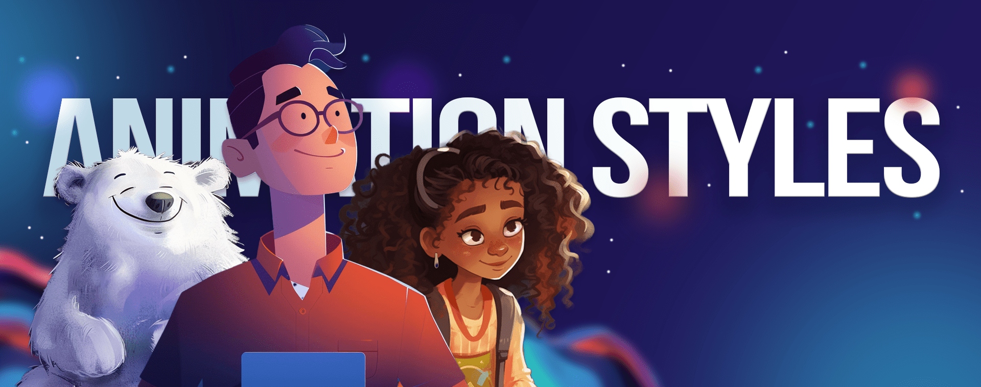 A digitally created banner titled "ANIMATION STYLES" featuring a smiling man with glasses, a curly-haired girl, and a cheerful polar bear. The vibrant background blends blue and purple hues with glowing lights, capturing the essence of various Animated Video styles.