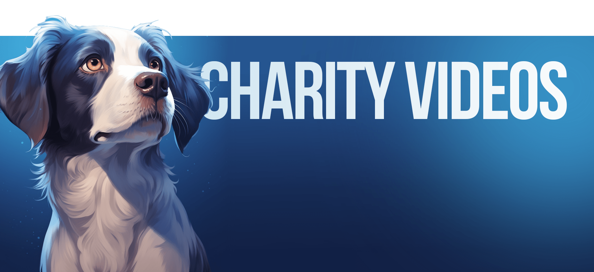 A realistic, hand-drawn animation of a black and white dog with expressive eyes, looking upwards against a blue background. The text "CHARITY VIDEOS" is prominently displayed in bold white letters to the right of the dog.