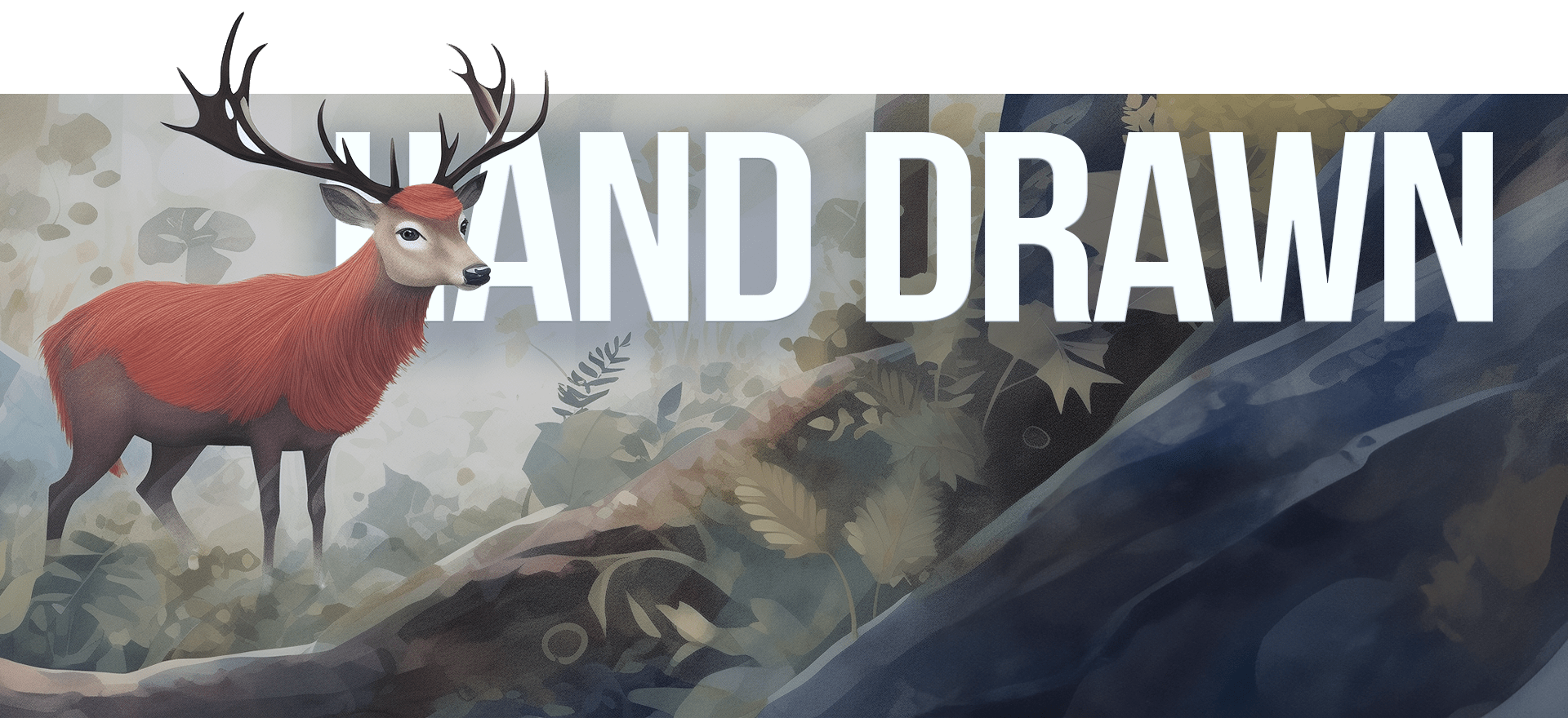 A digitally hand-drawn image of a red deer with branched antlers standing in a forest. The deer is in the left part of the image, with leafy vegetation and rocks in the background, reminiscent of animated video styles. The words "HAND DRAWN" appear in large, bold white letters across the top.