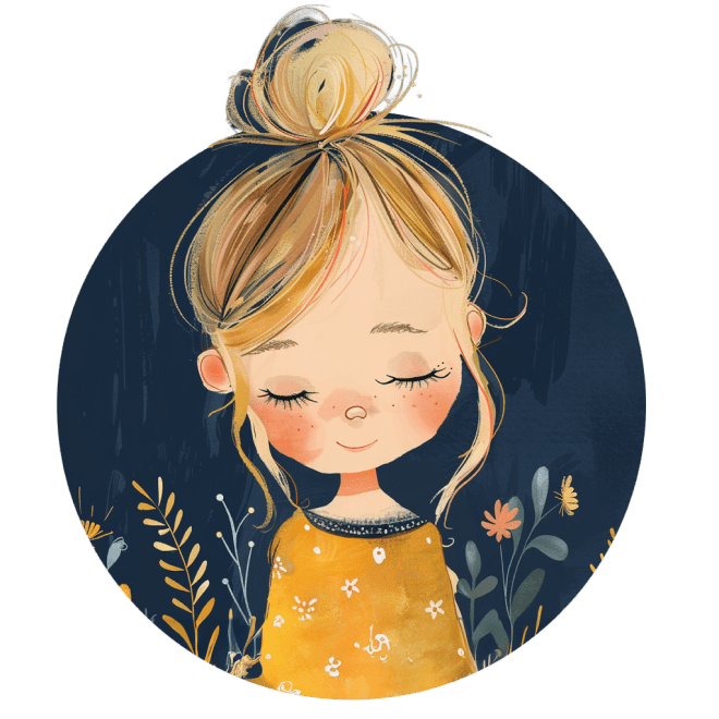 Illustration of a young girl with blonde hair styled in a loose bun. She is wearing a yellow top with a subtle floral design and is depicted with her eyes closed. The hand drawn animation showcases dark, abstract flora and botanical elements in the background.