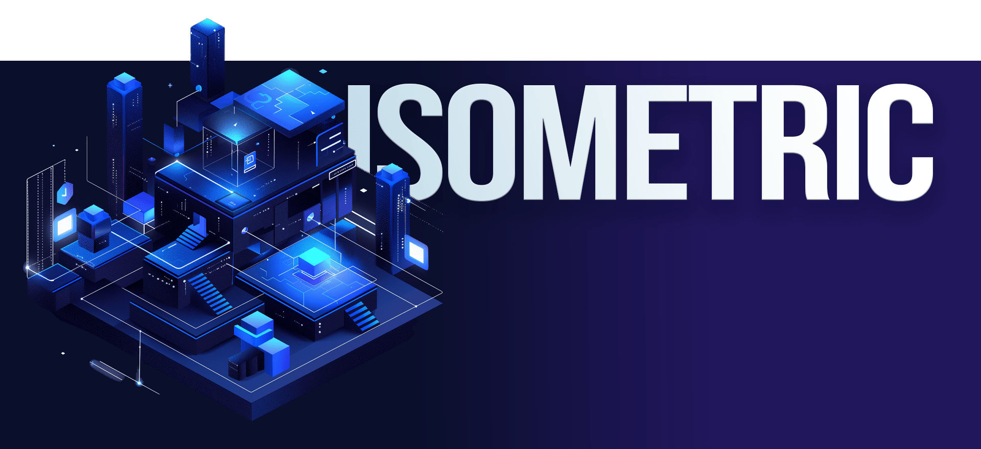 A digital illustration showing a futuristic cityscape in an isometric style, featuring glowing blue buildings and structures on the left. The right side of the image displays the word "ISOMETRIC" in large white letters against a dark blue background, reminiscent of sleek animation video styles.