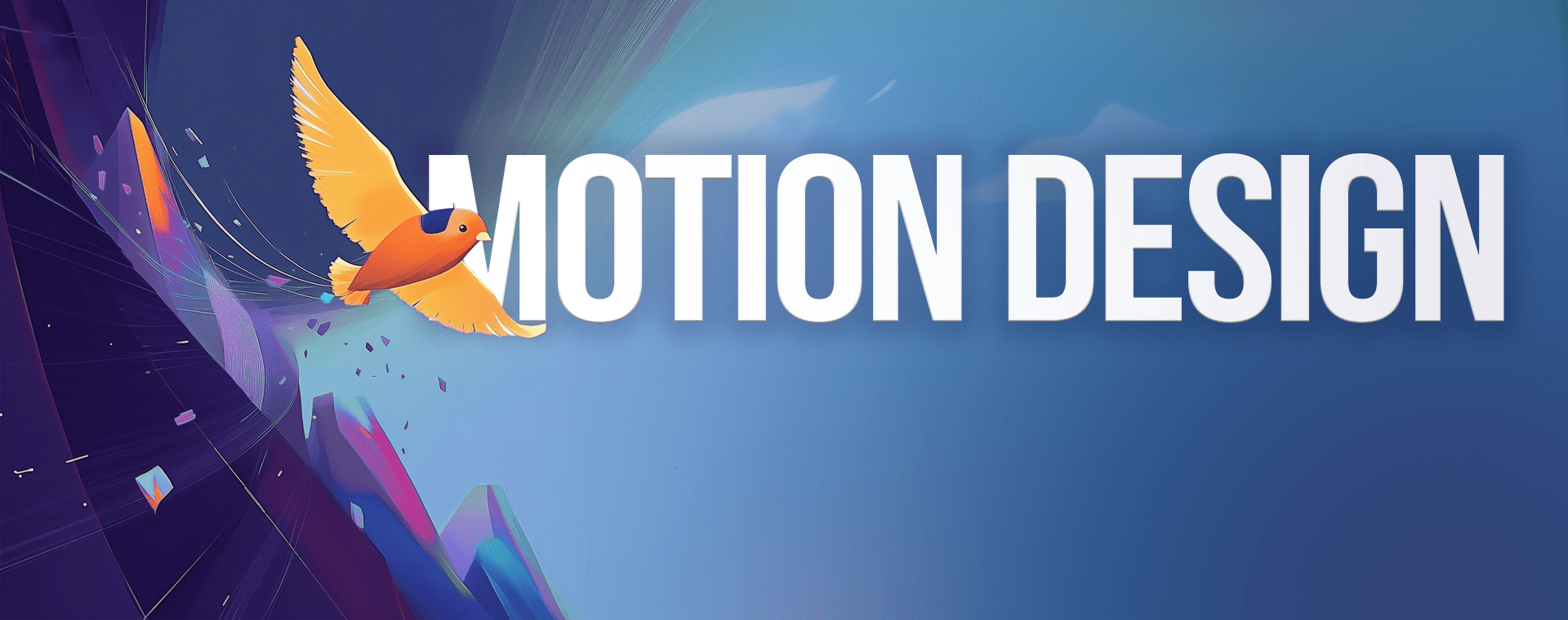 A vibrant image featuring a stylized, colorful bird in flight against an abstract background with dynamic shapes. The bold, white text "MOTION DESIGN" is prominently displayed in the foreground, highlighting our animated video service.