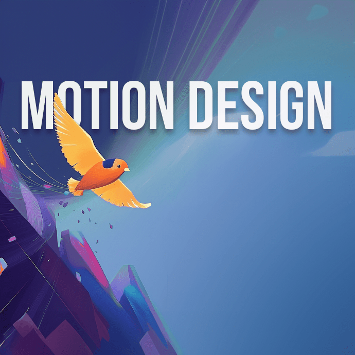 A bright, colorful illustration featuring a small, vibrant bird in flight against a dynamic background with geometric shapes. The text "MOTION DESIGN" is prominently displayed at the top of the image, highlighting our animated video service.