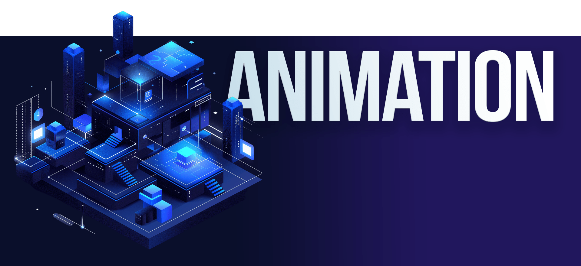 Futuristic, blue-toned 3D cityscape illustration with glowing buildings and data visualizations, accompanied by the large text "ANIMATION" on a dark background, showcasing various animation styles.