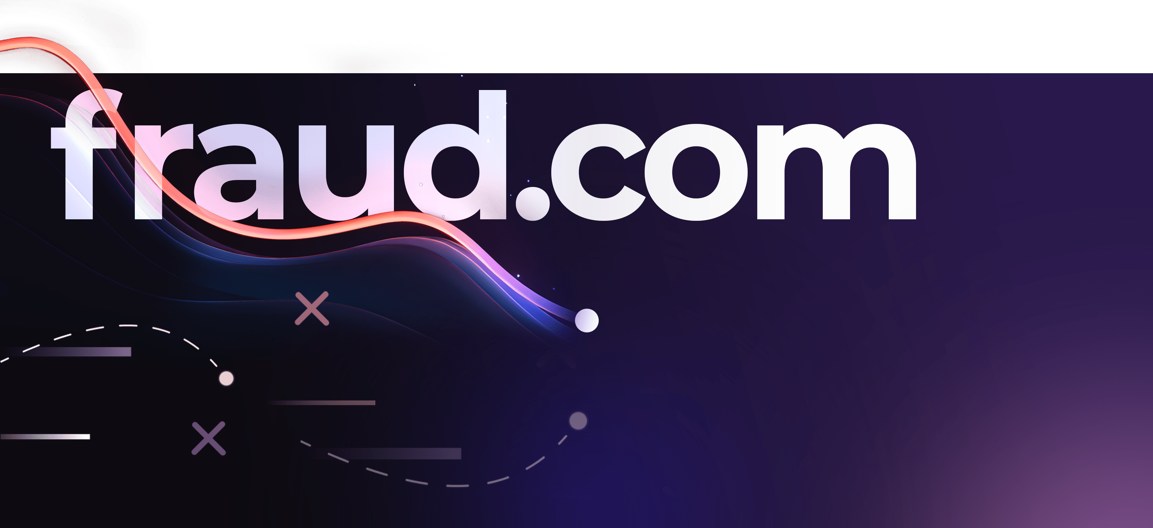 A digital graphic with the text "fraud.com" in large white font on a dark purple background. Curved, colorful lines and small dots decorate the space behind the text, showcasing dynamic animation styles that create a modern and captivating design.