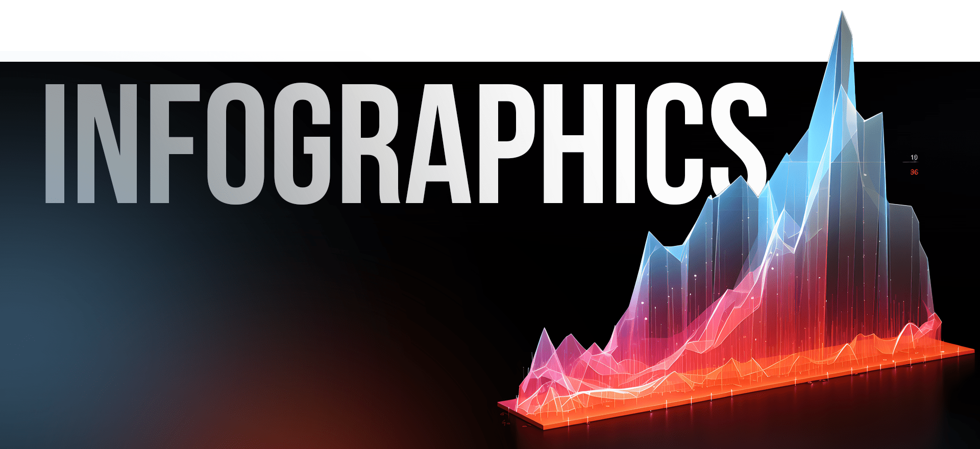 The image features the word "INFOGRAPHICS" in large, bold letters over a dark background. Below the text is a colorful, spiky, mountain-like 3D graph with a gradient of red, blue, and pink hues that evokes modern animation styles.