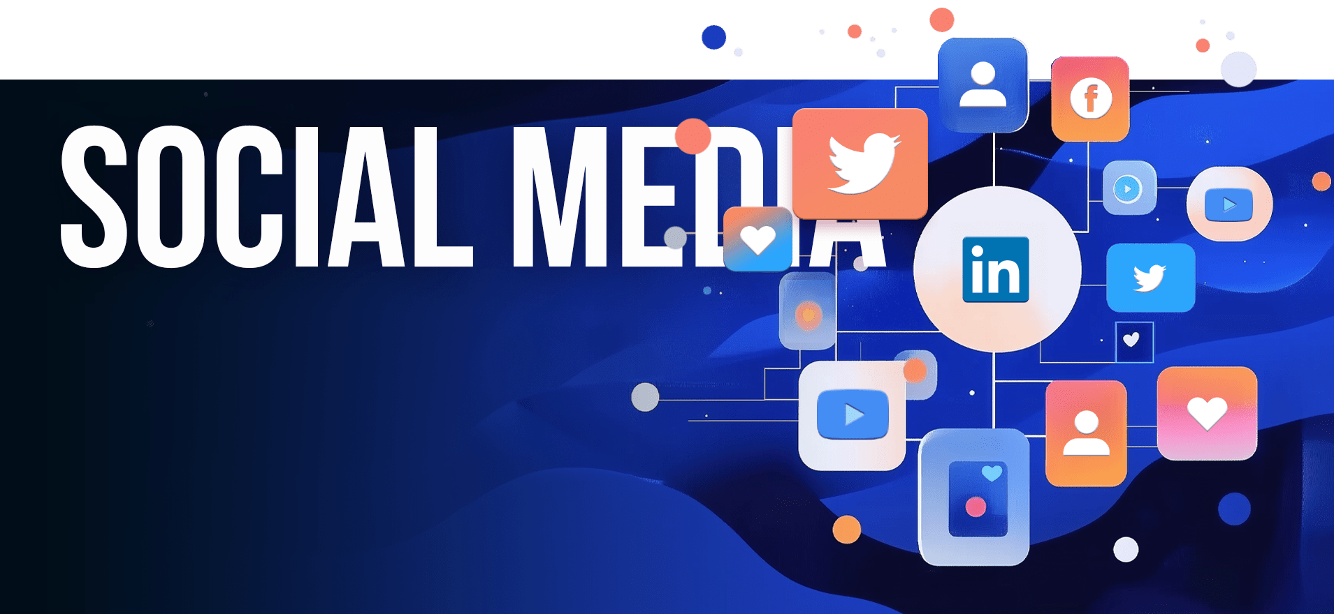 Illustration featuring "Social Media" in large bold letters on a dark background with various social media icons, including LinkedIn, Twitter, Facebook, YouTube, Instagram, and others. The interconnected web-like structure is enhanced by animation styles with colorful bubbles and lines.