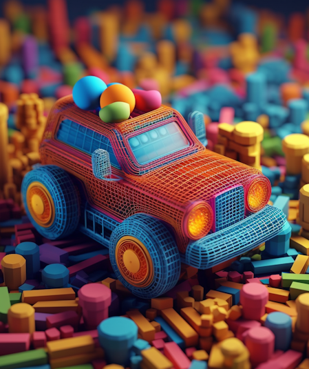 A colorful, wireframe toy car with three multicolored spheres on top is depicted in a vibrant, abstract cityscape of 3D animation made of variously shaped blocks and cylinders in bold hues.