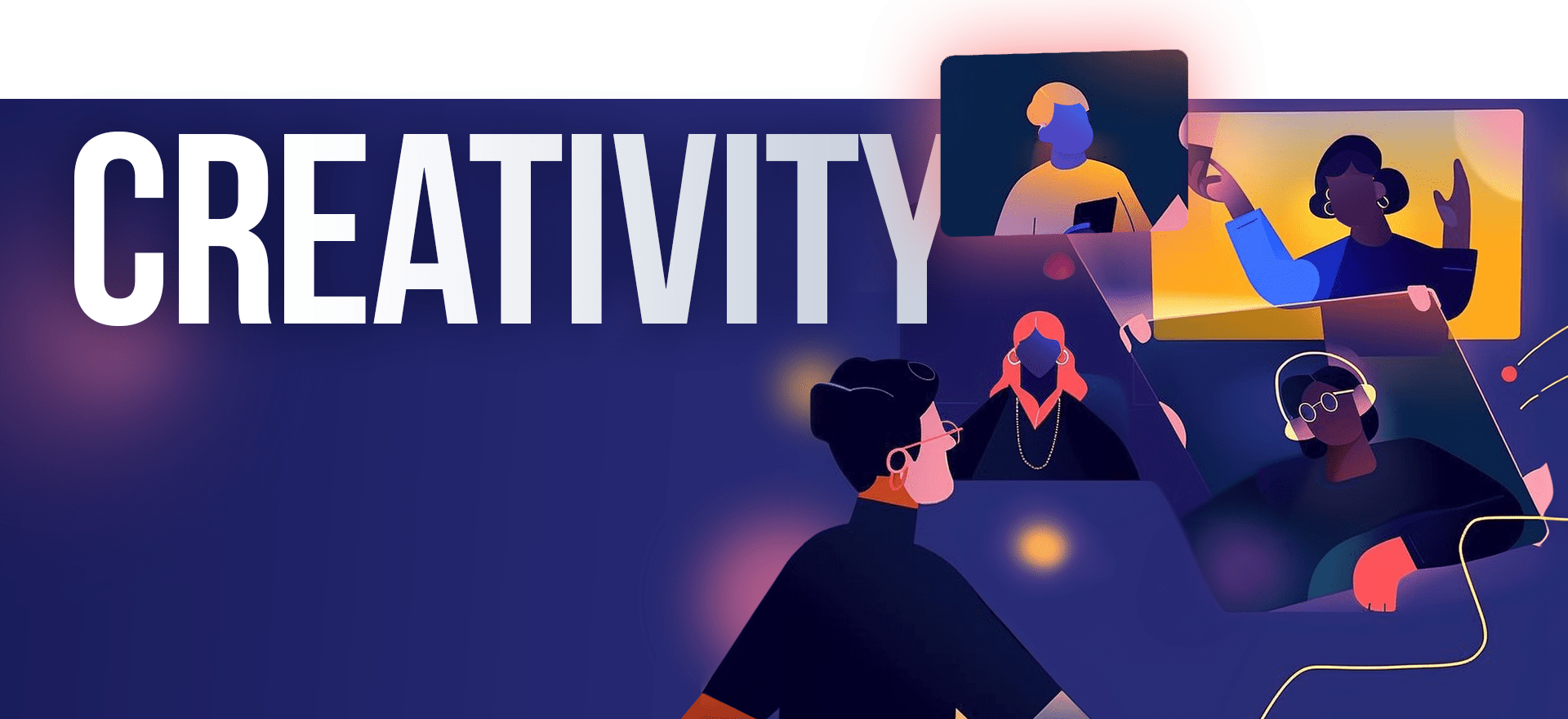 Abstract illustration showing the word "CREATIVITY" in bold on the left, with stylized images of people collaborating, communicating through virtual screens on the right. The background features a gradient of dark purple and blue with dynamic, colorful lighting, reminiscent of a YouTube video service interface.