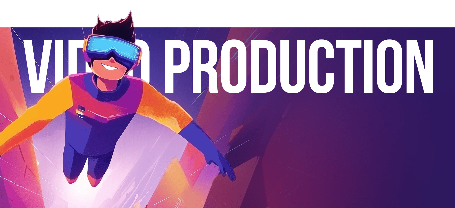 Illustration of a person with a helmet and goggles, flying upward against a purple and orange background with light streaks. The text "VIDEO PRODUCTION" is prominently displayed in large white letters, showcasing our top-tier YouTube video service.