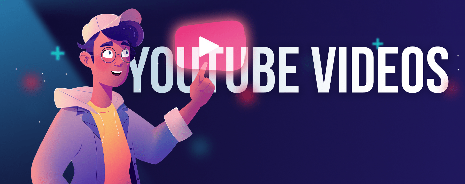 An animated character wearing glasses, a hoodie, and a cap points to a large red play button icon with the text "YouTube Videos" in bold white letters. The background features a gradient of dark blue and purple with small decorative elements, highlighting the video service theme.