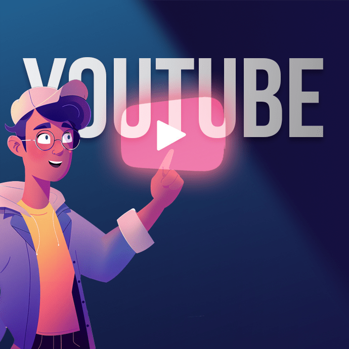 Illustration of a person with dark hair, glasses, and a cap, wearing a hoodie and jacket. They are pointing upwards towards a large "YouTube" logo with the play button icon, set against a dark blue background with a spotlight effect. The image highlights YouTube as the leading video service.