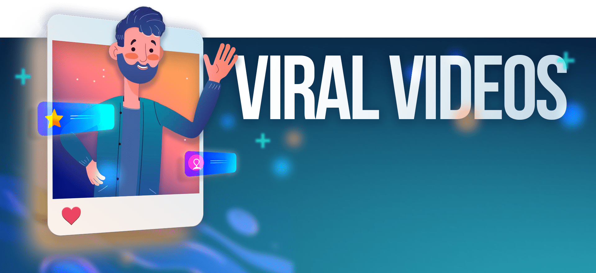 Illustration of a smiling person with a beard, waving while framed within a stylized social media post, alongside the bold text "VIRAL VIDEOS." Bright icons of a star and magnifying glass are scattered around, set against a blue gradient background, highlighting the influence of popular YouTube video services.
